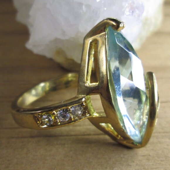 Large Sky Blue Marquise CZ Cocktail ring with Leaf Detail - Picture 7 of 9